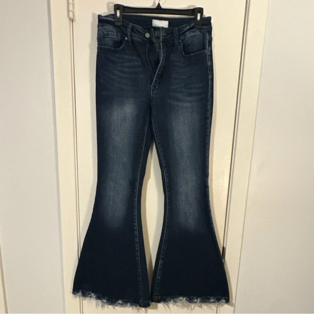 Petra Women's Flared Jeans Dark Blue Denim Fringe Hem Button Zipper